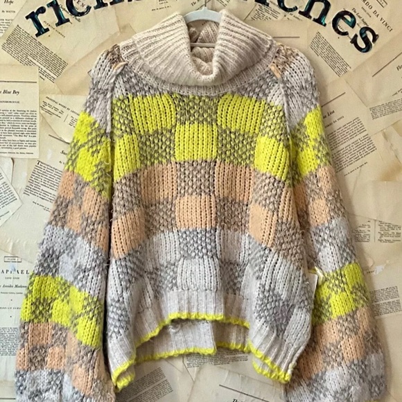 Free People Check Me Out Pullover Sweater Thick Texture Turtleneck Tan Yellow - Picture 4 of 8